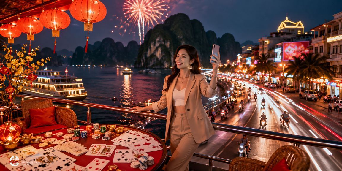 Ánh đèn neon phản chiếu trên vịnh Hạ Long trong không gian trò chơi bài sôi động